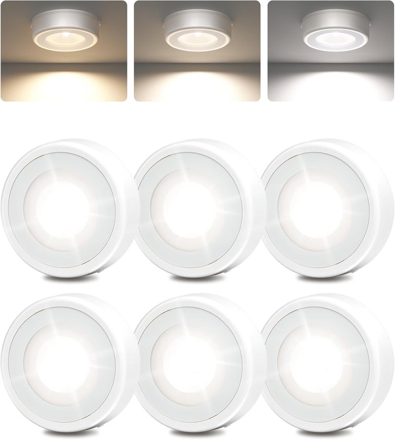 EZVALO أضواء LED دائرية، أضواء قابلة لإعادة الشحن، أضواء خزانة لاسلكية، 3 درجات حرارة للألوان، أضواء تحت الخزائن، أضواء لمسية صغيرة 2.5 بوصة، مثالية للمطبخ، الخزانة، المخزن، الرفوف، المعسكر (6 عبوات) - Image 1